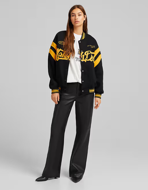 Bershka straight leg faux leather trouser in black | ASOS (Global)