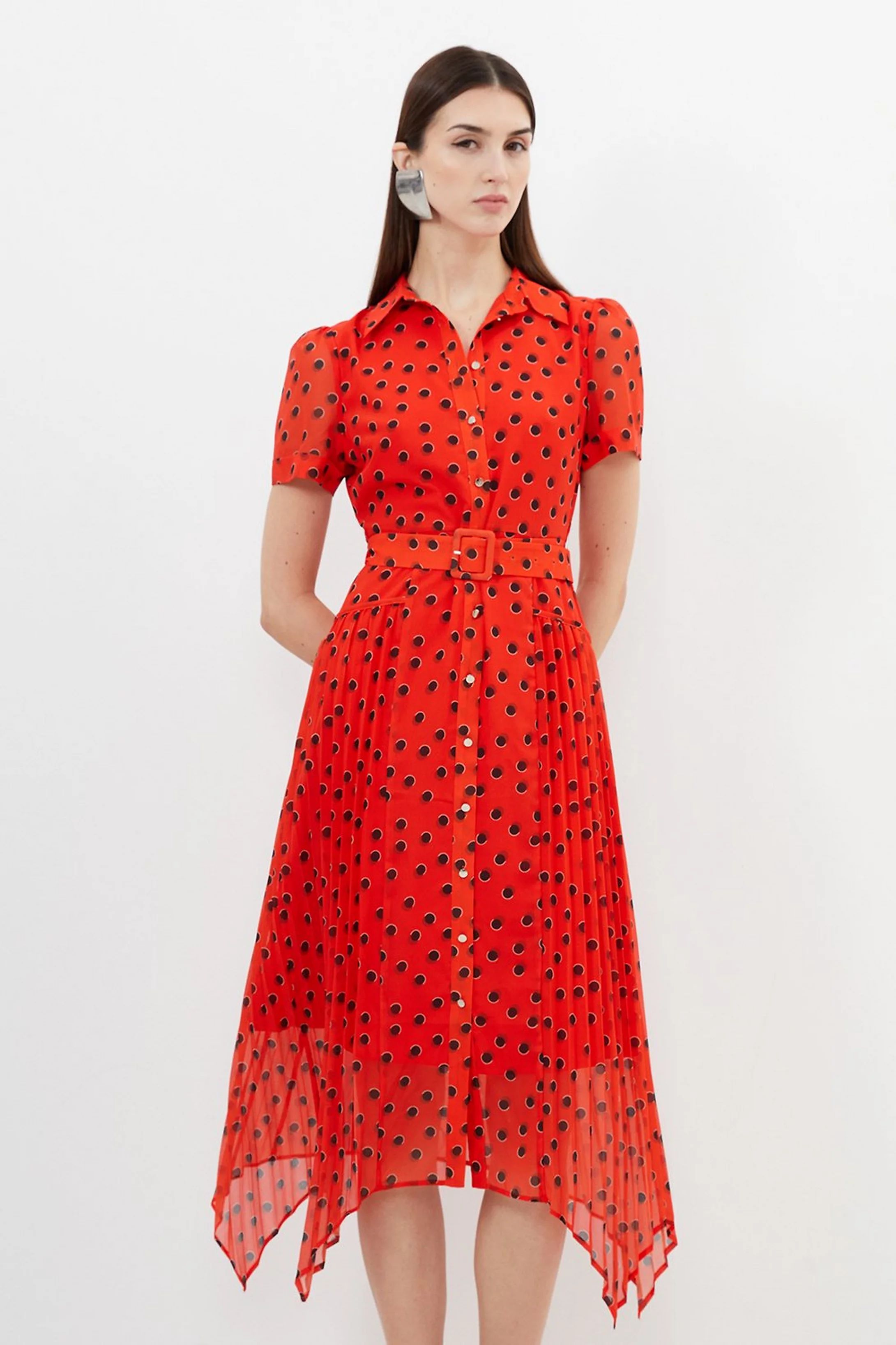 Spot Print Pleated Georgette Woven Shirt Midi Dress | Karen Millen US