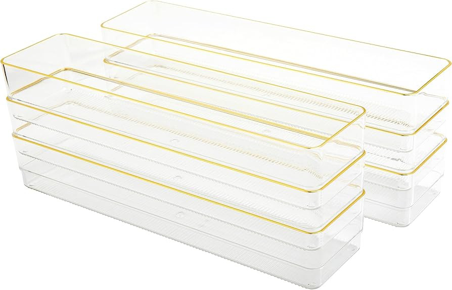 Martha Stewart Kerry Plastic Stackable Office Desk Drawer Organizers, 12" x 3", 6 Pack, with Gold... | Amazon (US)