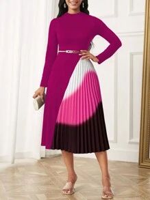 SHEIN Lady Color Block Pleated Round Neck Long Sleeve Dress Without Belt | SHEIN