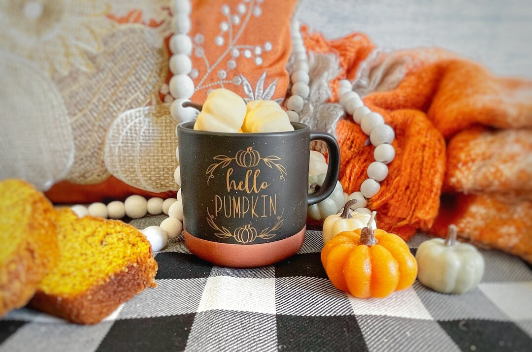 Black and white speckled mug, "hello pumpkin," unfinished clay bottom, 13 oz | Etsy (US)
