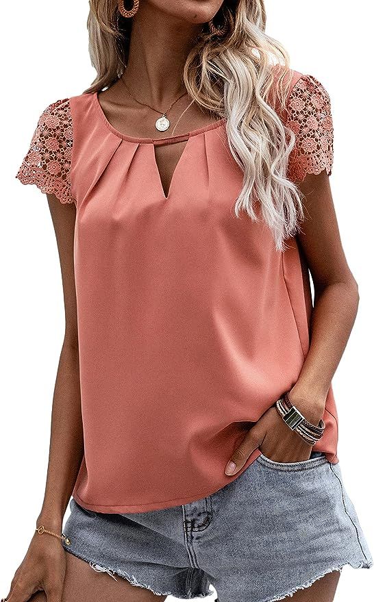 Romwe Women's Lace Short Sleeve Keyhole Neck Solid Work Blouses Shirts Tops | Amazon (US)