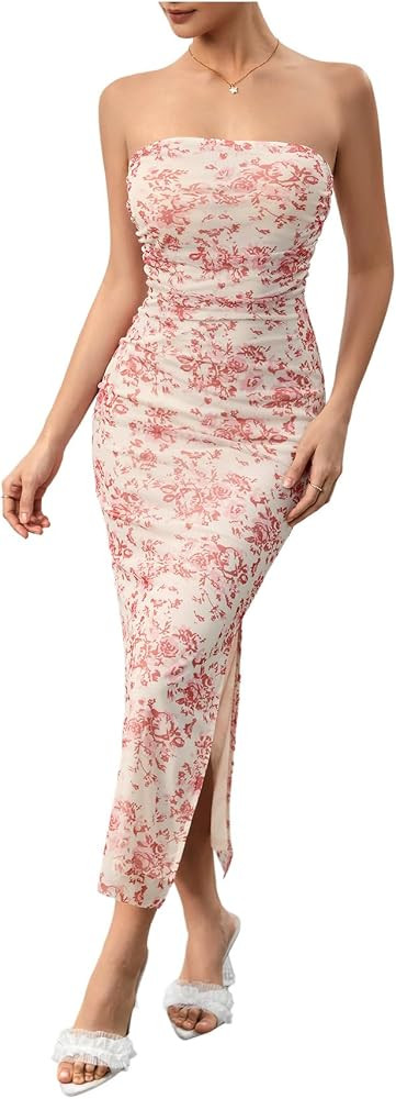 Women's 2026 Summer Floral Bodycon Maxi Dress Strapless Tube Top Long Dresses Wedding Guest Party | Amazon (US)