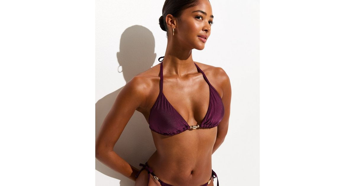 Dark Burgundy Shell Trim Triangle Bikini Top | New Look | New Look (UK)