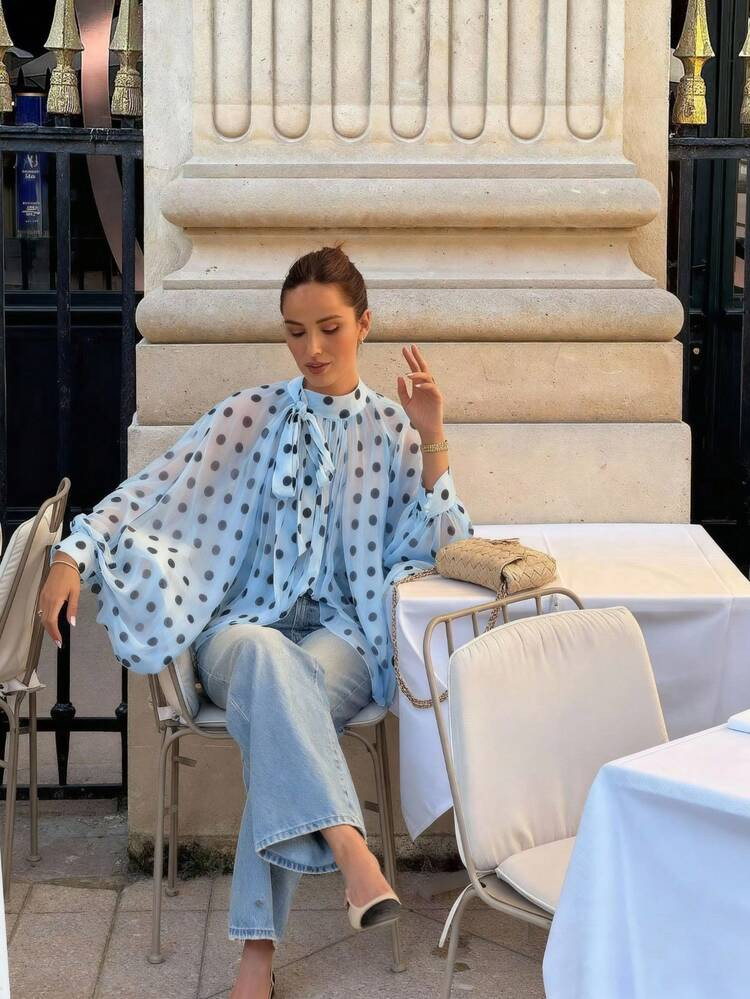Women's Elegant Casual Fashion Sky Blue Polka Dot Pattern Shirt - Bow Tie, Lantern Sleeve, Loose,... | SHEIN