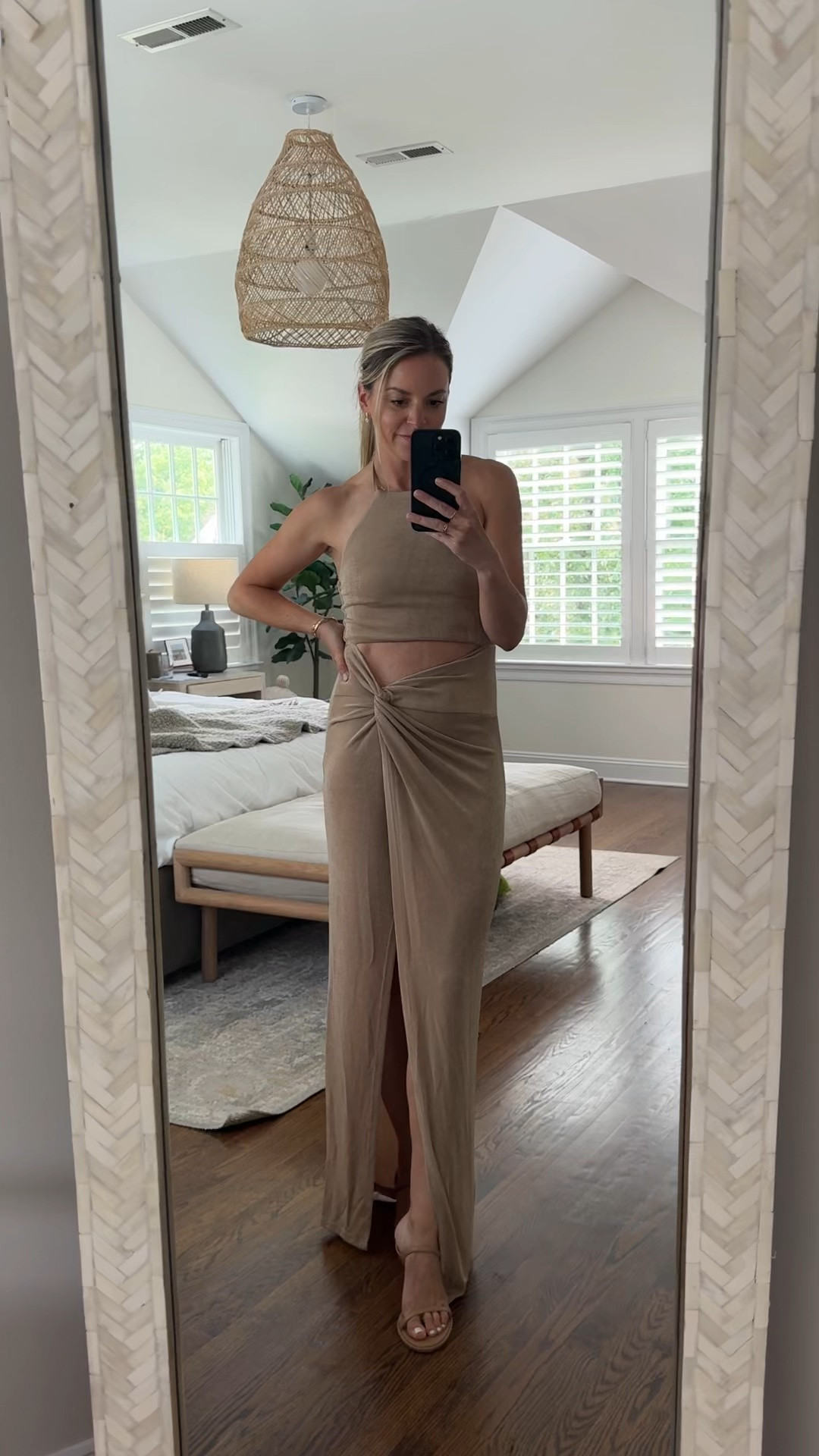 Gold metallic halter dress under $100 if you have any fun event coming up! Super comfy/slinky material. 
•wearing a small