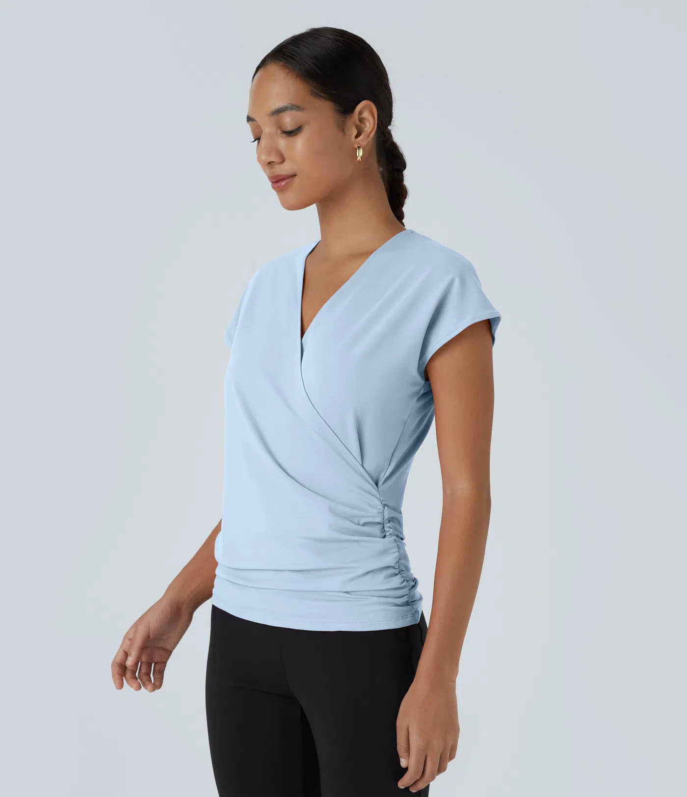 Women’s V Neck Cap Sleeve Crossover Ruched Solid Work Blouse - Halara | HALARA
