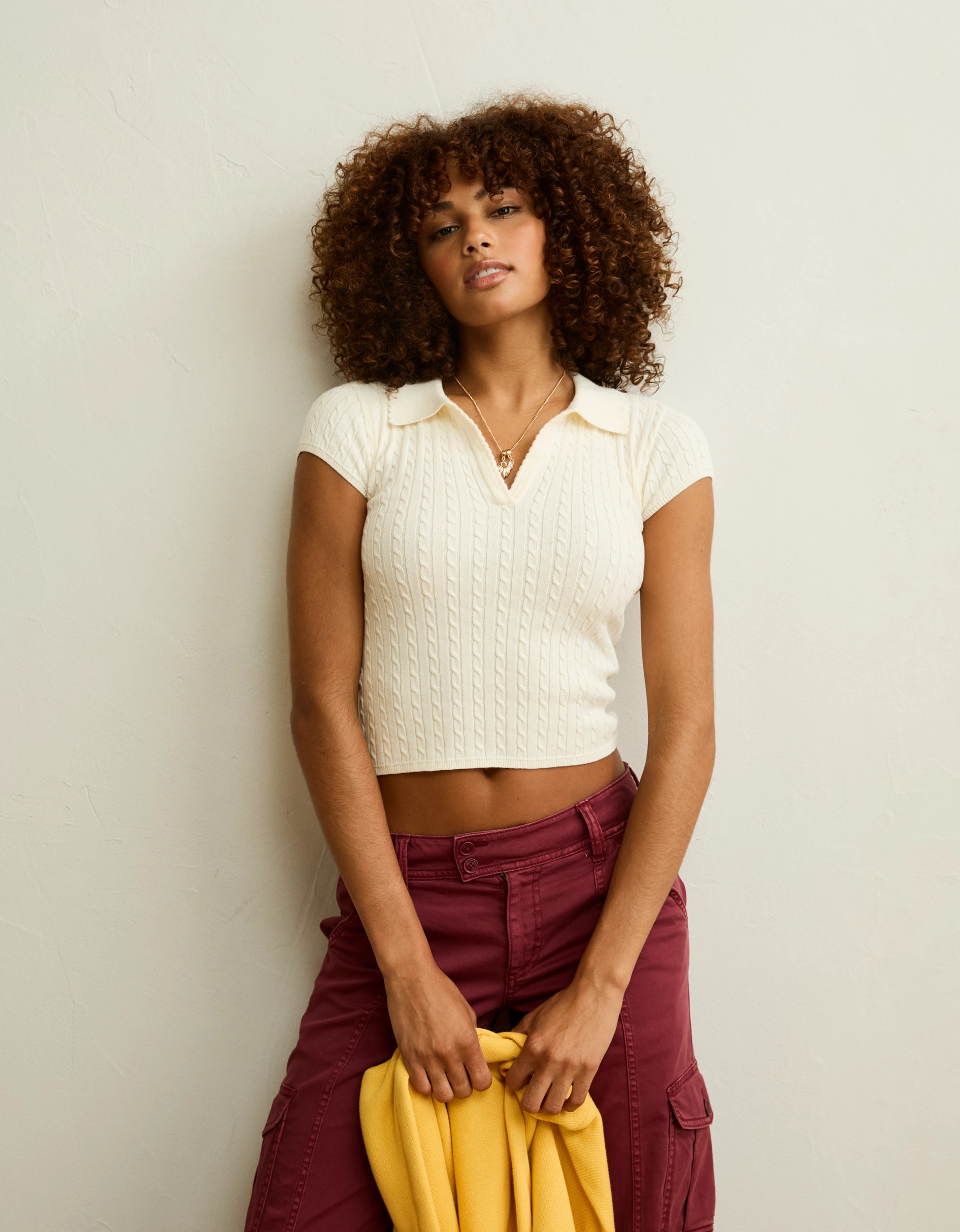 AE V-Neck Cable Knit Sweater Polo | American Eagle Outfitters (US & CA)