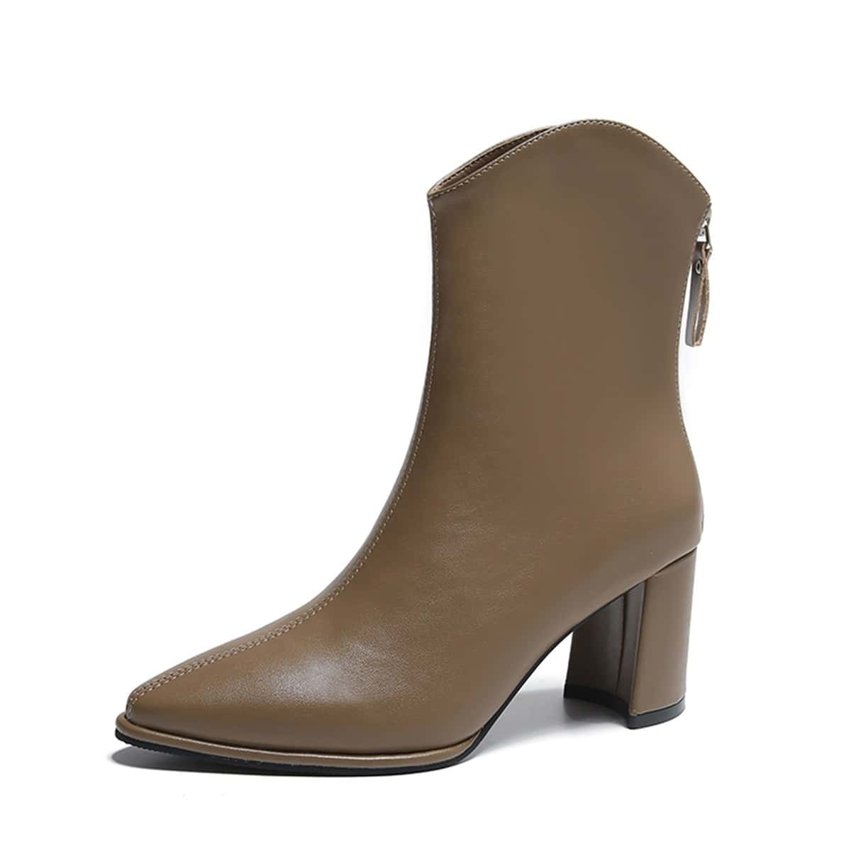 Women's Pointed Toe Color Block Pu Leather Chunky Heel Ankle Boots With Rear Zipper | SHEIN