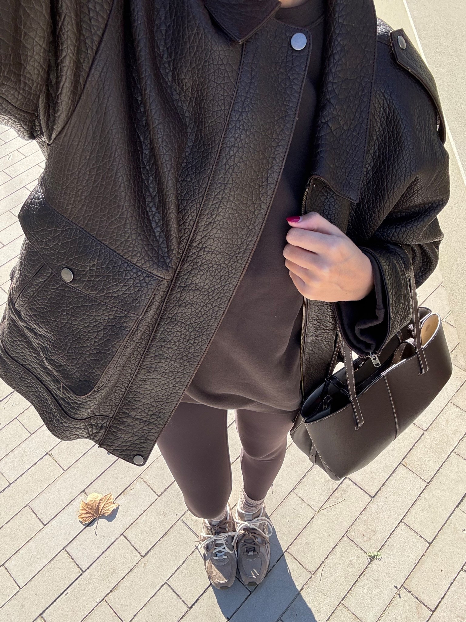 DARK CHOCOLATE COOL GIRL UNIFORM🙋🏽‍♀️
Tags: leather jacket oversized Zara Ducie London represent owners club sweater jumper leggings black coffee new balance 204L neutral mushroom suede trainers ribbed socks Polène Paris bag fashion winter capsule wardrobe inspo outfit ideas chic women’s style busy mum running errands athleisure activewear 

#LTKwinter #LTKstyletip #LTKshoes