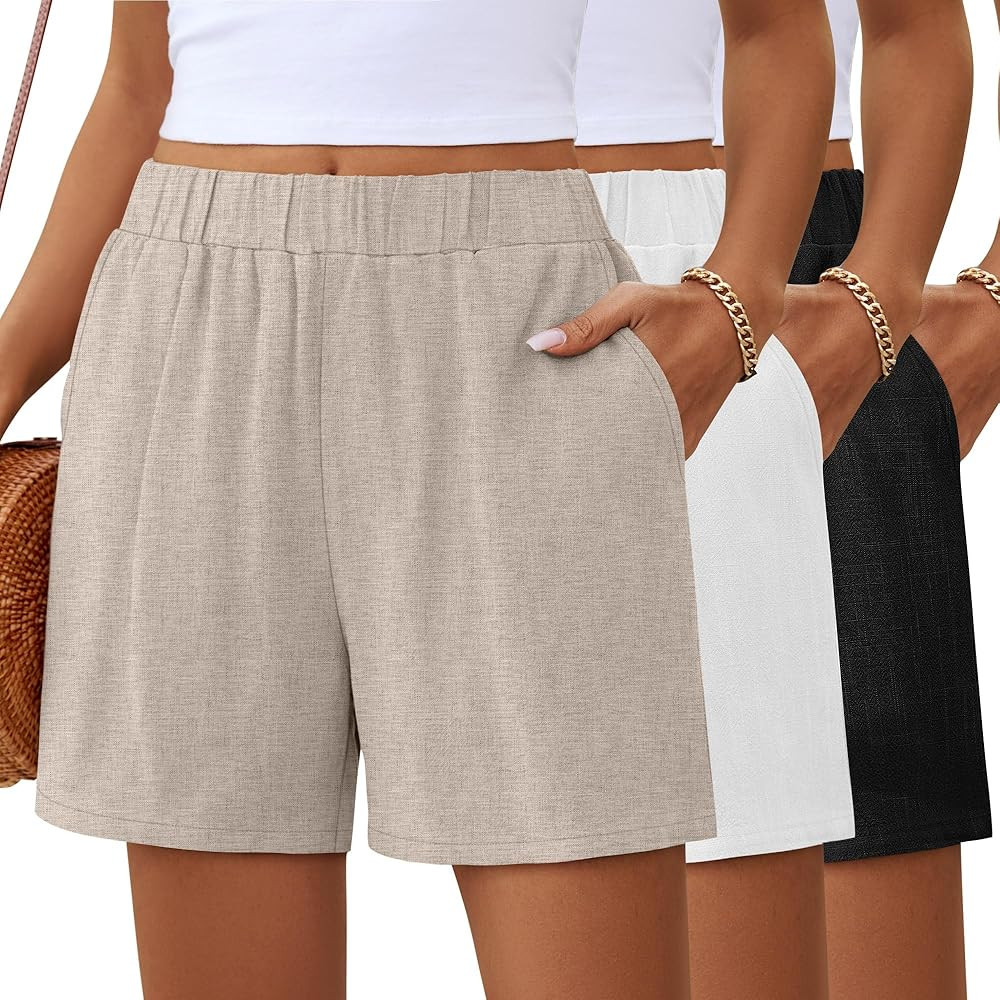 Ficerd 3 Pack Women's Casual Linen Shorts,Pleated High Waist Wide Leg Summer Elastic Comfy Trendy... | Amazon (US)