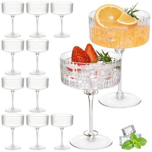 Set of 12 Plastic Martini Glasses, 10 oz Ribbed Coupe Glasses for Cocktails and Martinis, Disposable Espresso Martini Glasses. Ideal for Parties, Weddings, and Home Bars, Crystal Vintage Cups (Clear) | Amazon (US)