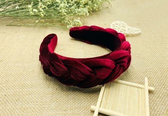 Wine red velvet wide braided headband,Wine red velvet flock deep braided headband,Alice headband,... | Etsy (US)