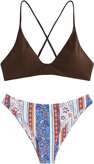 ZAFUL Women's Tie Back Padded High Cut Bralette Bikini Set Two Piece Swimsuit | Amazon (US)