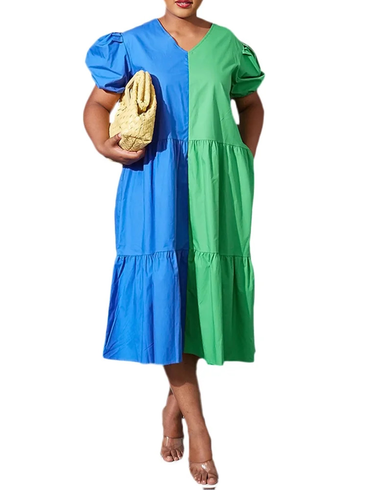 Women's Short Sleeve V Neck Patchwork Holiday Ruffles Hem A-line Dresses | Walmart (US)