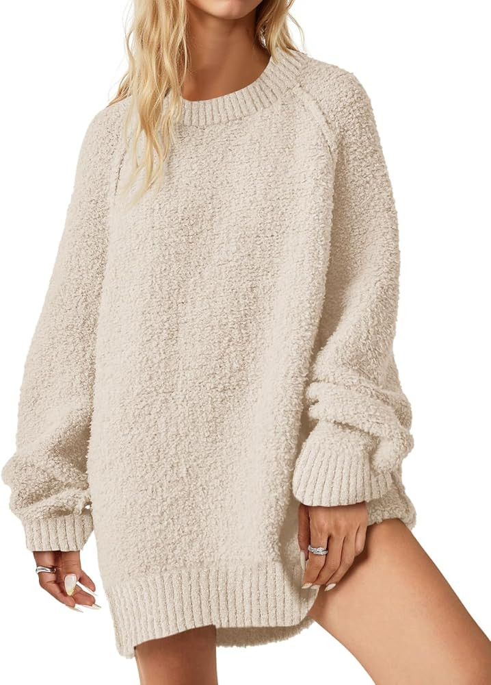 Saodimallsu Womens Oversized Sweater 2025 Fall Trendy Fuzzy Crew Neck Long Sleeve Casual Tunic Sw... | Amazon (US)