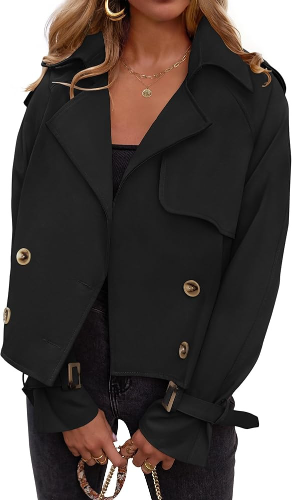 ZESICA Womens Long Sleeve Crop Trench Coat Lapel Double Breasted Loose Casual Jacket with Pockets | Amazon (US)