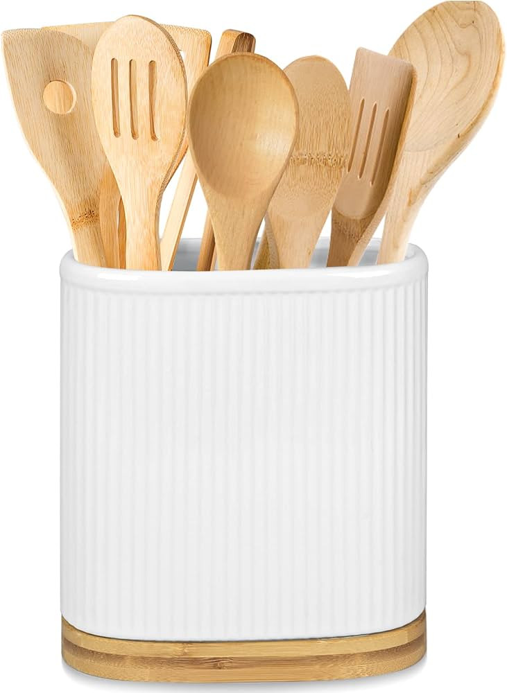Ceramic Utensil Holder- Large Kitchen Utensil Holder with Bamboo Wooden Base- Utensil Crock for C... | Amazon (US)