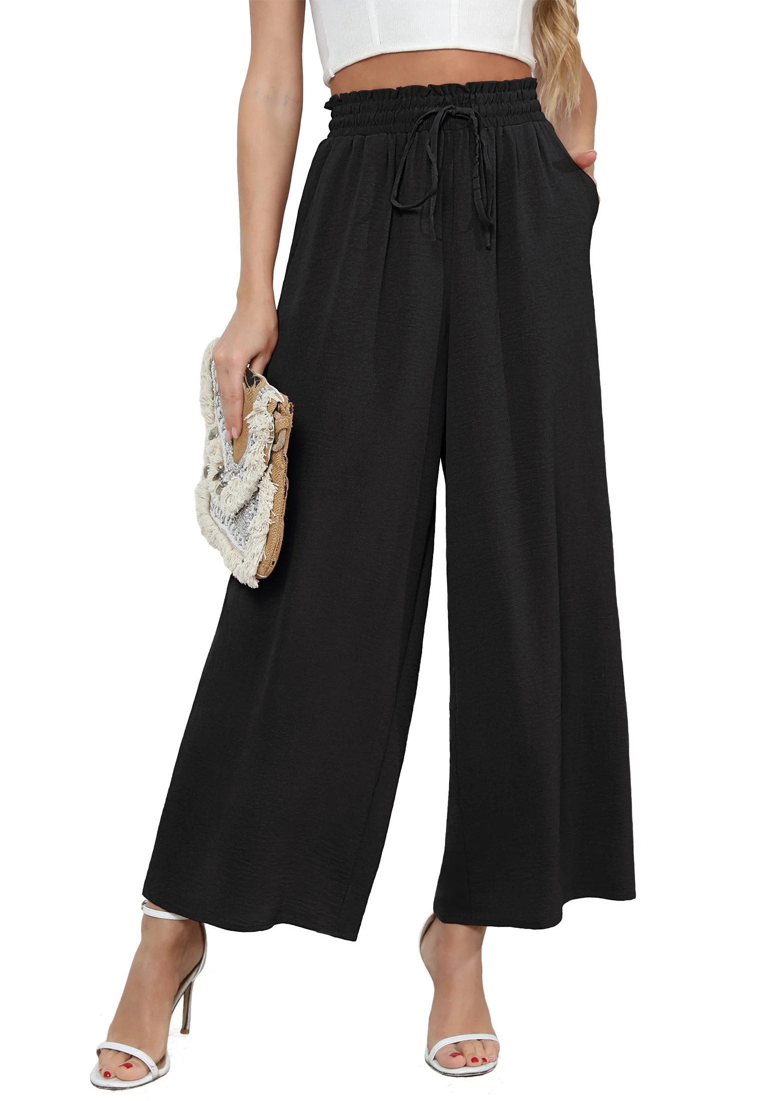 Uvplove Women's Wide Leg Trousers Palazzo Pants Drawstring Waist Summer Loose Trousers with Pocke... | Walmart (US)
