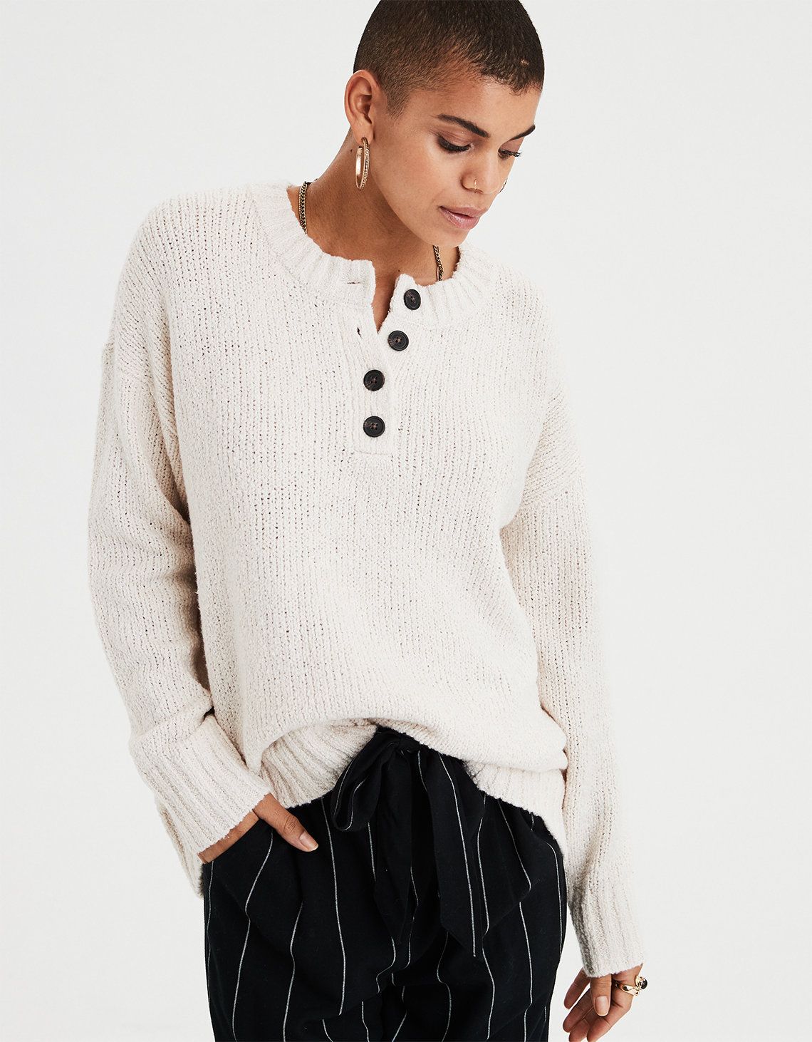 AE Henley Pullover Sweater, Cream | American Eagle Outfitters (US & CA)