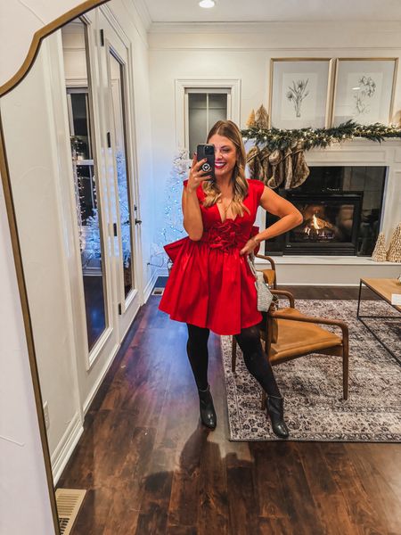Holiday dress with sass! This fit and flare fits perfect on a pear shaped body. Sexy with a deep v and ribbon back. High waisted spanx tights and black booties! 
Lip color is ever red
Ready for a Fun night on the town! 

NICKIXSPANX for 10% off

#LTKSeasonal #LTKbeauty #LTKHoliday