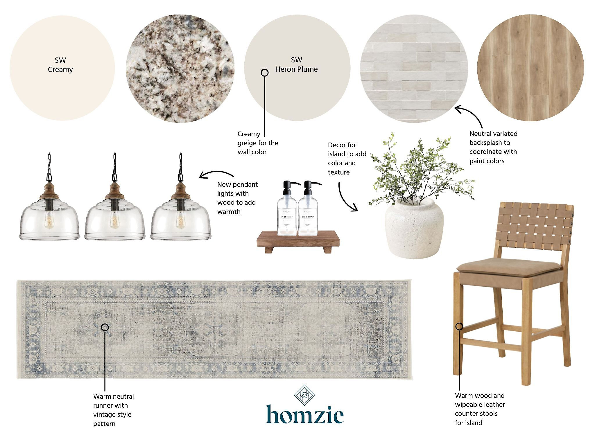 This is a kitchendesign with a warm modern farmhouse aesthetic.  
It features:  
Glass pendants, wood barstools, granite counters, vintage runner, greige paint, ceramic backsplash. 

 #LTKHome #LTKSaleAlert #LTKStyleTip