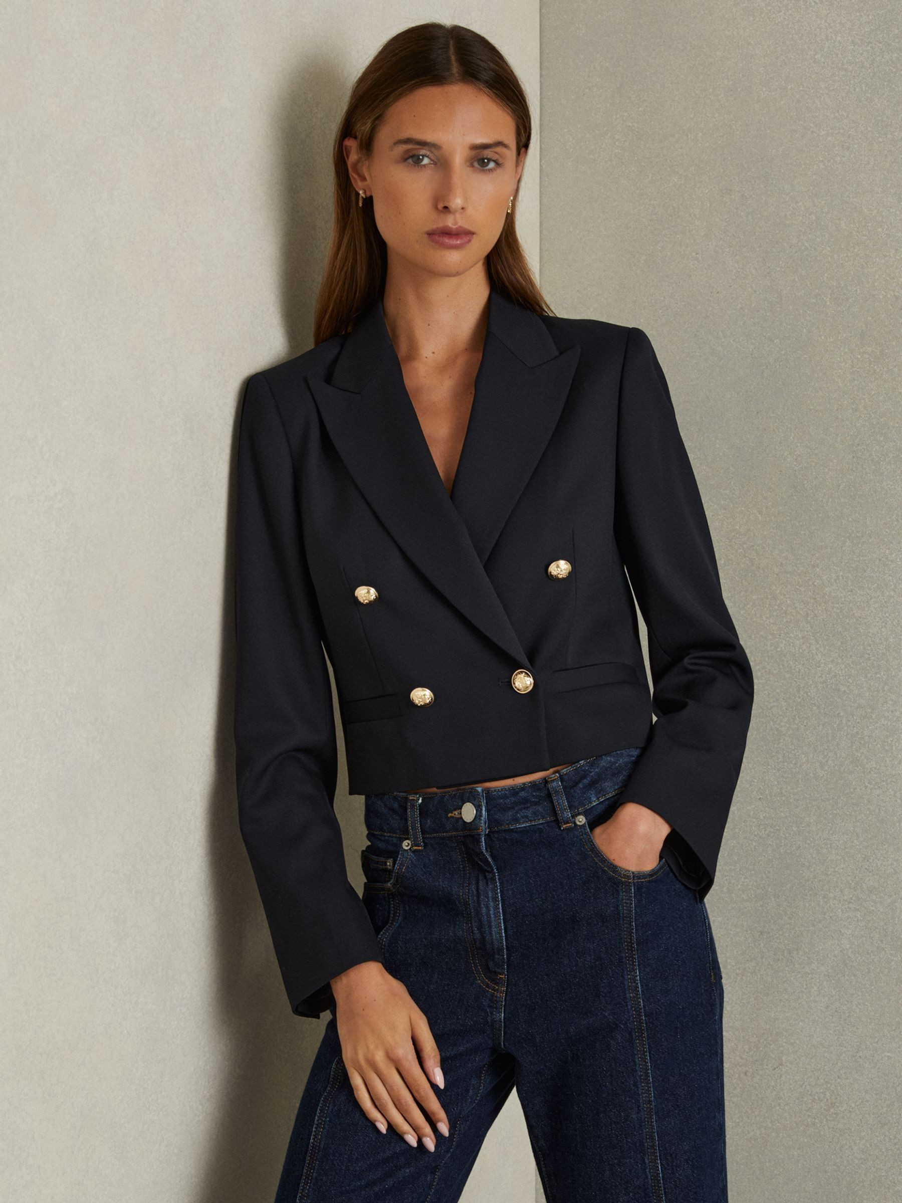 Cropped Wool-Blend Double-Breasted Blazer in Navy | Reiss US