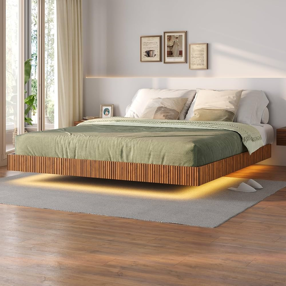 Tatub Walnut King Floating Bed Frame with LED Lights, Fluted Mid Century Modern Floating Platform... | Amazon (US)