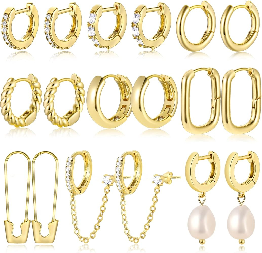 9 Pairs Small Gold Huggie Hoop Earrings for Women, 14K Gold Plated Lightweight Cartilage Earring ... | Amazon (US)