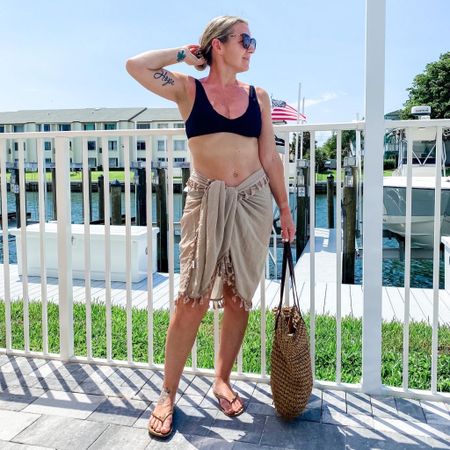 Pool day vacation look. Aerie two piece. Amazon sarong coverup. Havainais slim crystal flip flop. Straw tote bag  

#LTKtravel #LTKswim #LTKSeasonal