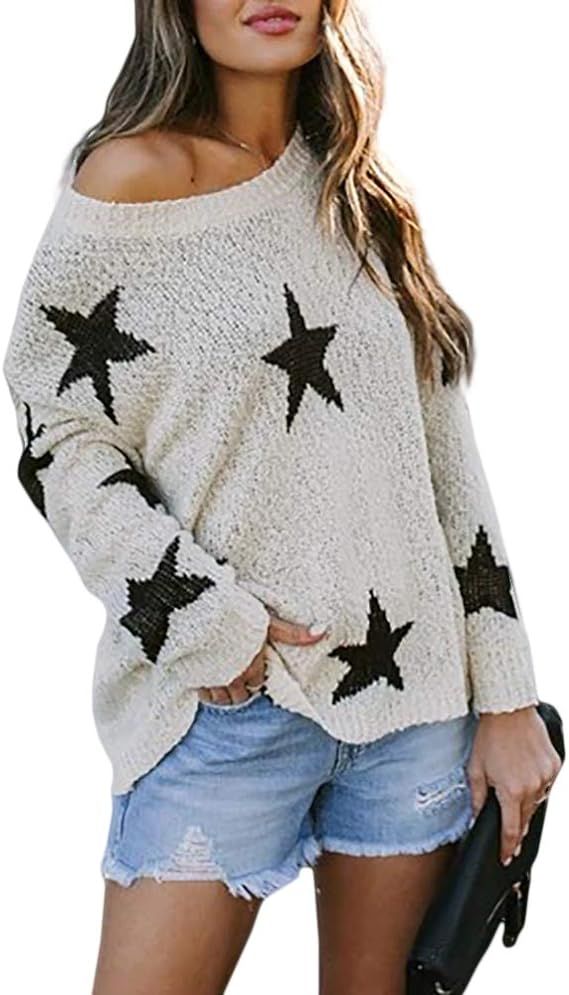 Saodimallsu Womens Off The Shoulder Sweater Star Color Block Loose Long Sleeve Pullover Knit Jump... | Amazon (US)