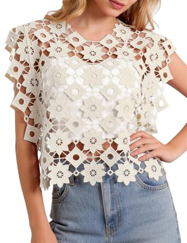 Flygo Womens Hollow Out Floral Lace Vest Cropped Embroideried Summer Crochet Coverup 2026 Trendy Blouse Tops(Beige-L) | Amazon (US)