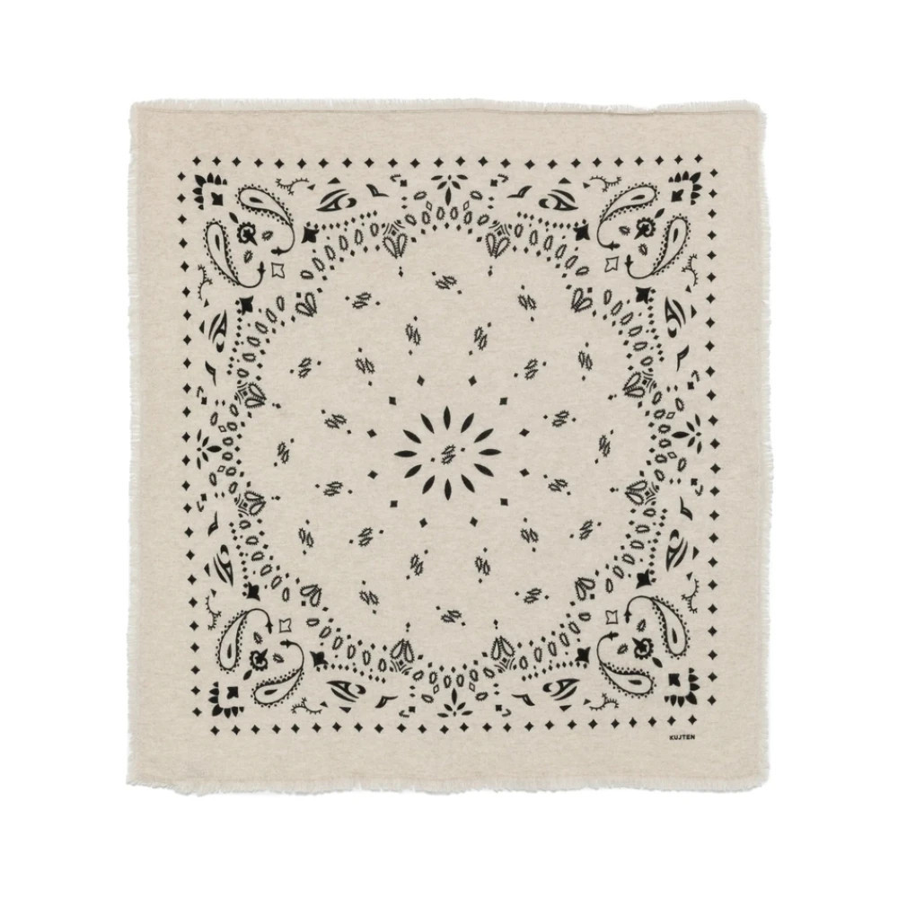 KUJTEN, Winter Scarves, female, Beige, ONE SIZE, Cashmere Bandana Print Frayed Edge Scarf | Miinto UK Ltd