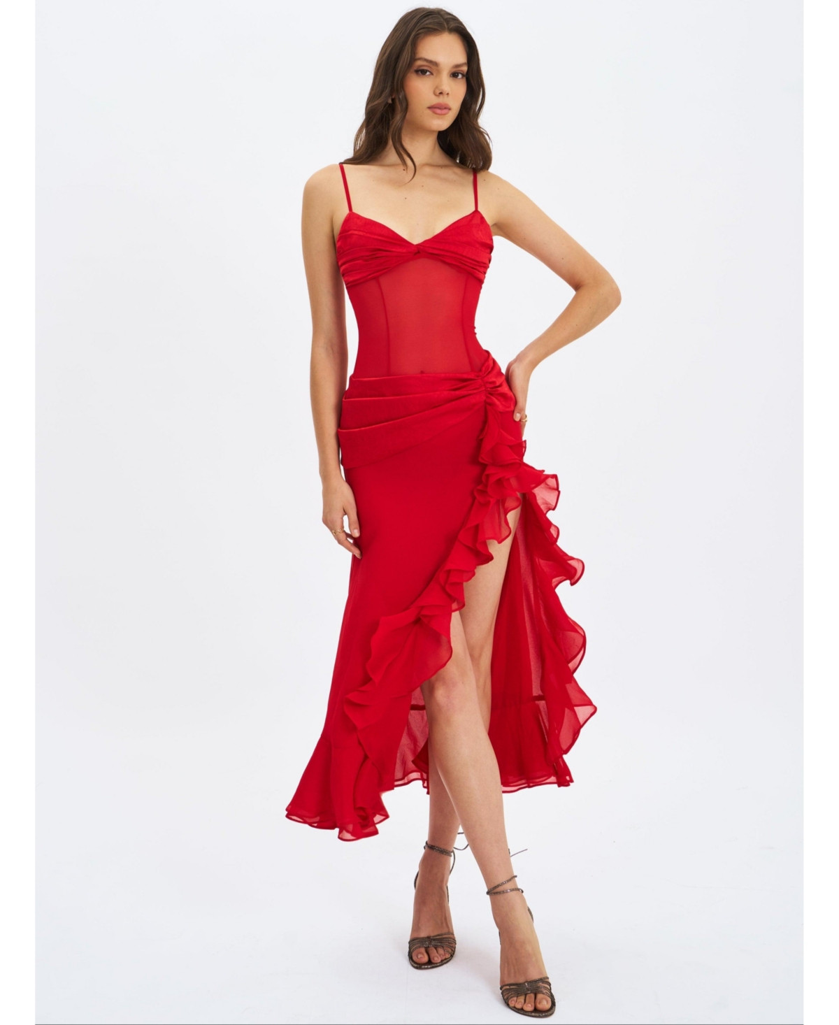 Miss Circle Women's Dahlina Red Ruched Waist High Slit Maxi Dress - Red | Macy's