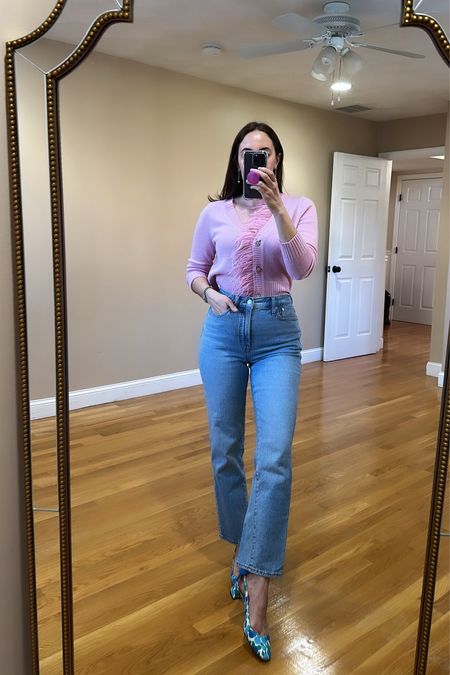 Easter outfit! Loving this cashmere feather sweater that’s on sale paired with the best straight cropped jeans! True to size . Heels are super old 