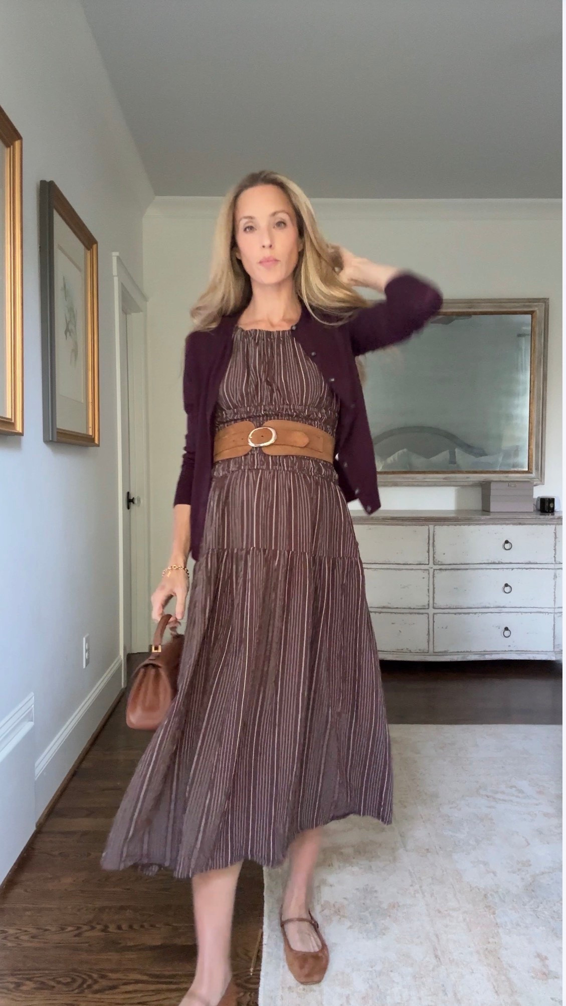 S in Rails cotton dress (great transitional piece), S cardigan, @Veronica Beard flats TTS. Belt sold out, linked similar!