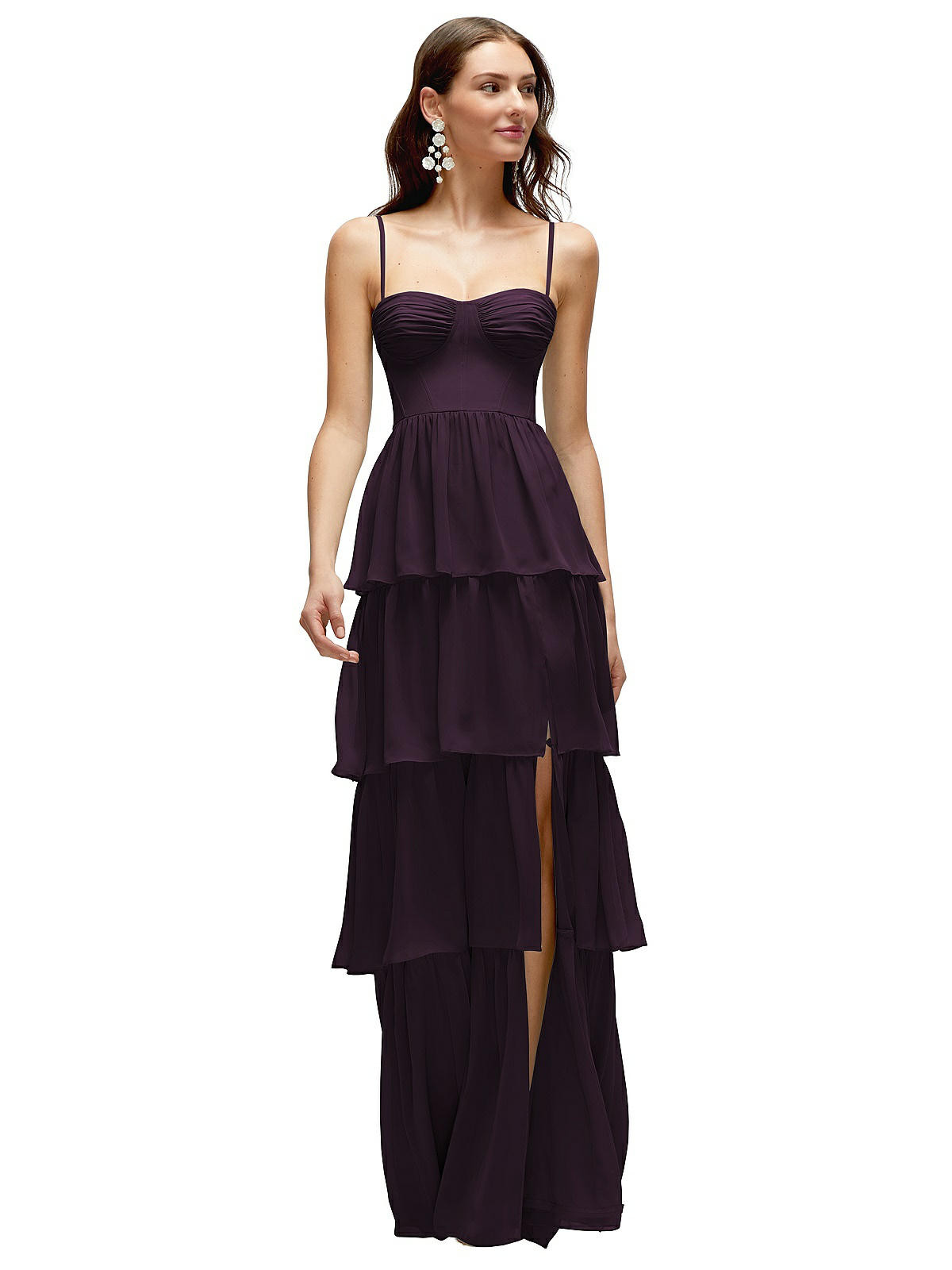 Bustier-Style Chiffon Tiered Ruffle Maxi Dress with Adjustable Straps in Aubergine | Dessy Group