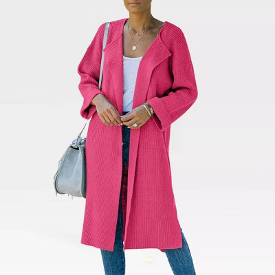 Women's Lapel Shacket Sweater with Bell Sleeves and Open Front Cardigan, Longline Knit Casual Coats with Side Slit for Winter,Rose - S | Target