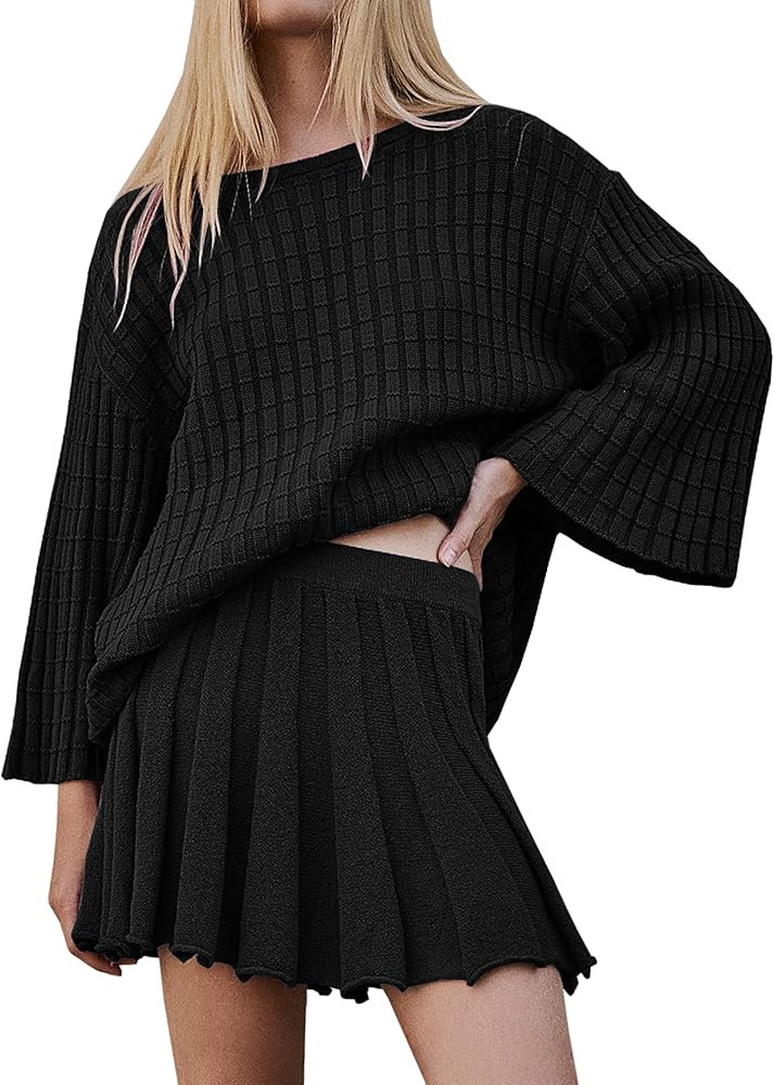 Sweater Set 2 Piece Skirt Sets for Women Two Piece Outfits Casual Loose Knit Pullover Mini Skirt | Amazon (US)