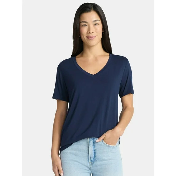 Time and Tru Women's V-Neck Tunic Tee with Short Sleeves, Sizes XS-XXXL - Walmart.com | Walmart (US)