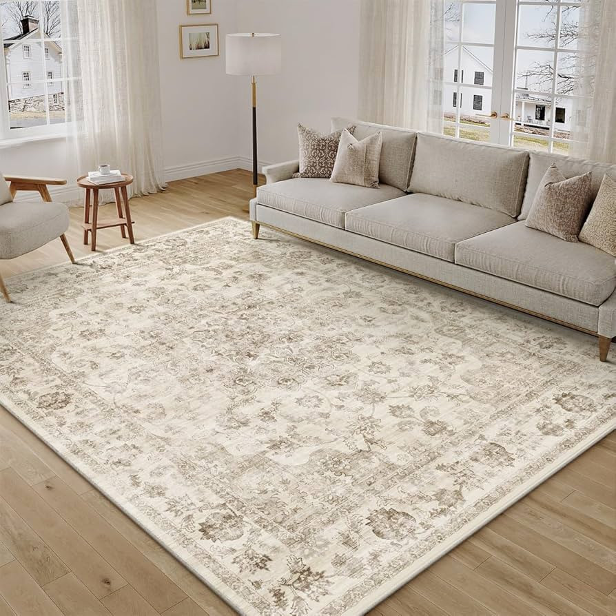 6x9 Washable Neutral Area Rug Beige Vintage Living Room Bedroom Carpet Non-Slip Soft Low Pile Flo... | Amazon (US)