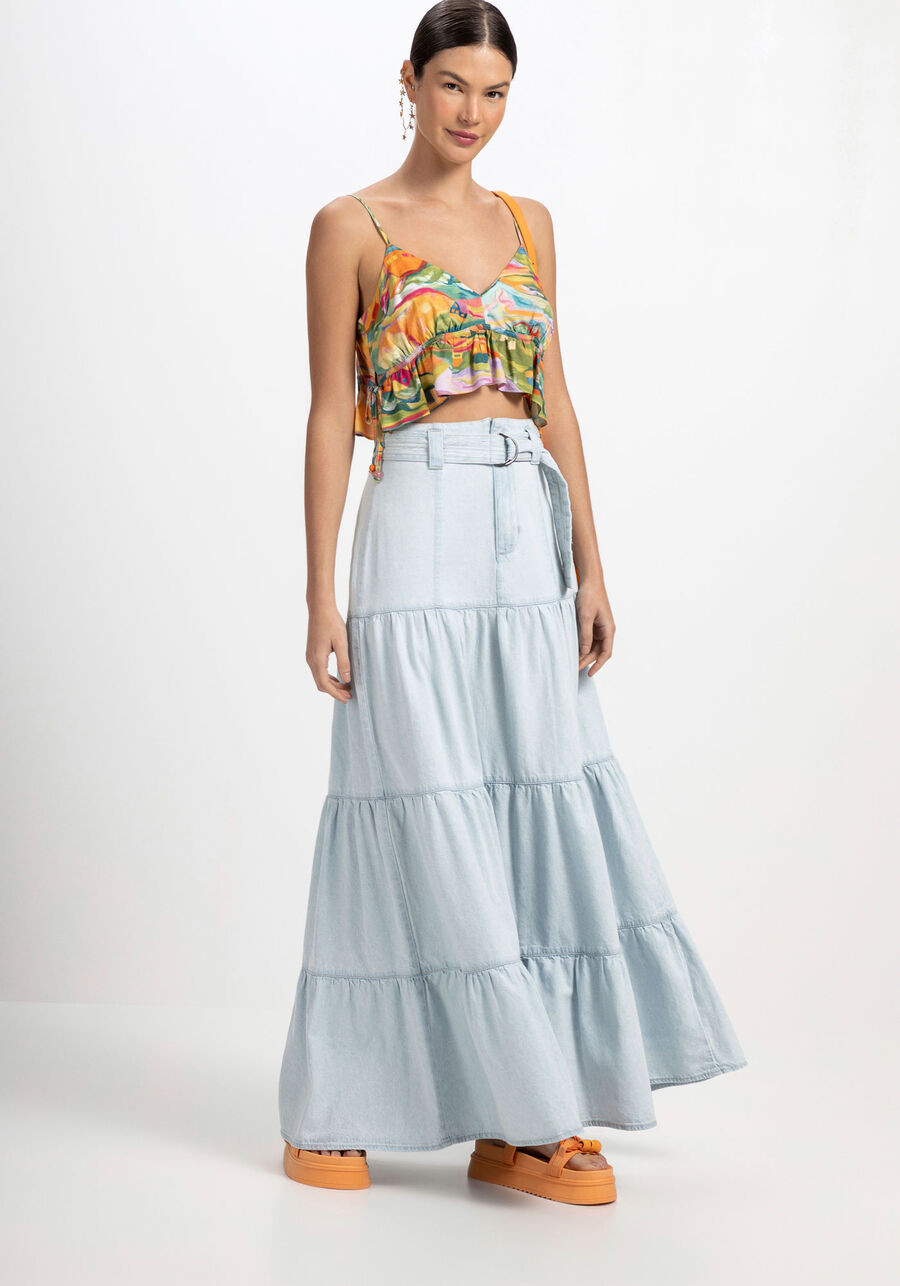 Saia Jeans Longa com Babados em Cinto | Lezalez (BR)