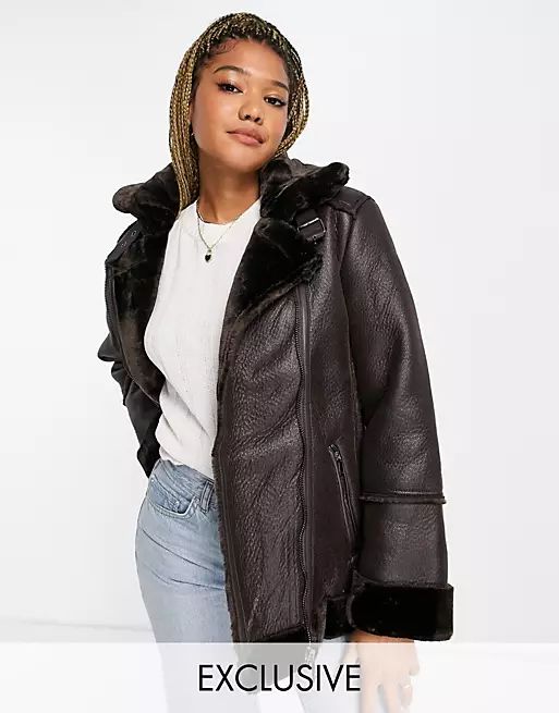 Stradivarius faux leather aviator jacket in chocolate brown  | ASOS | ASOS (Global)