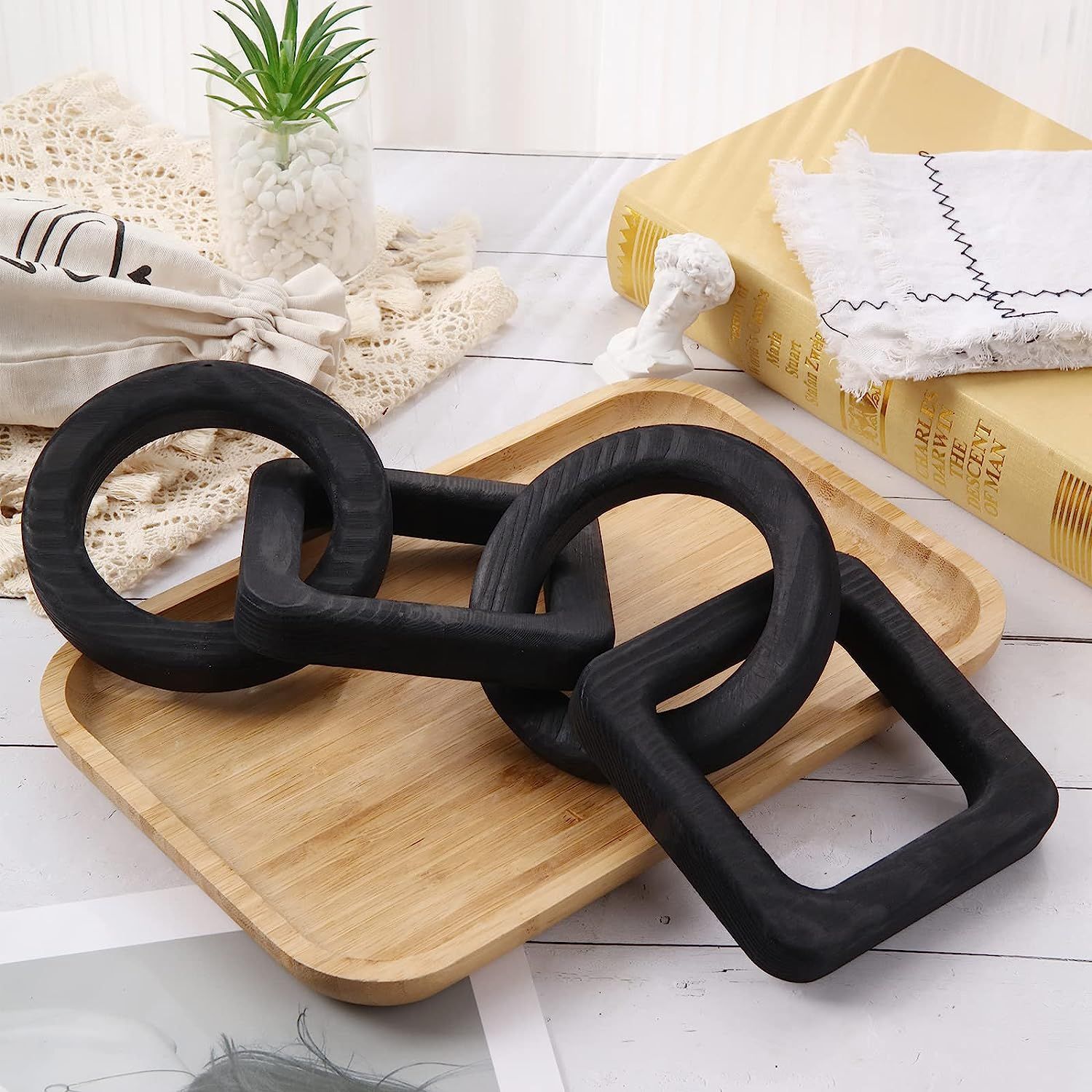 Amazon.com: Ohiyoo Wood Chain Link Decor Black Wood Knot Decor, Hand Carved 4-Link Boho Wood Knot... | Amazon (US)