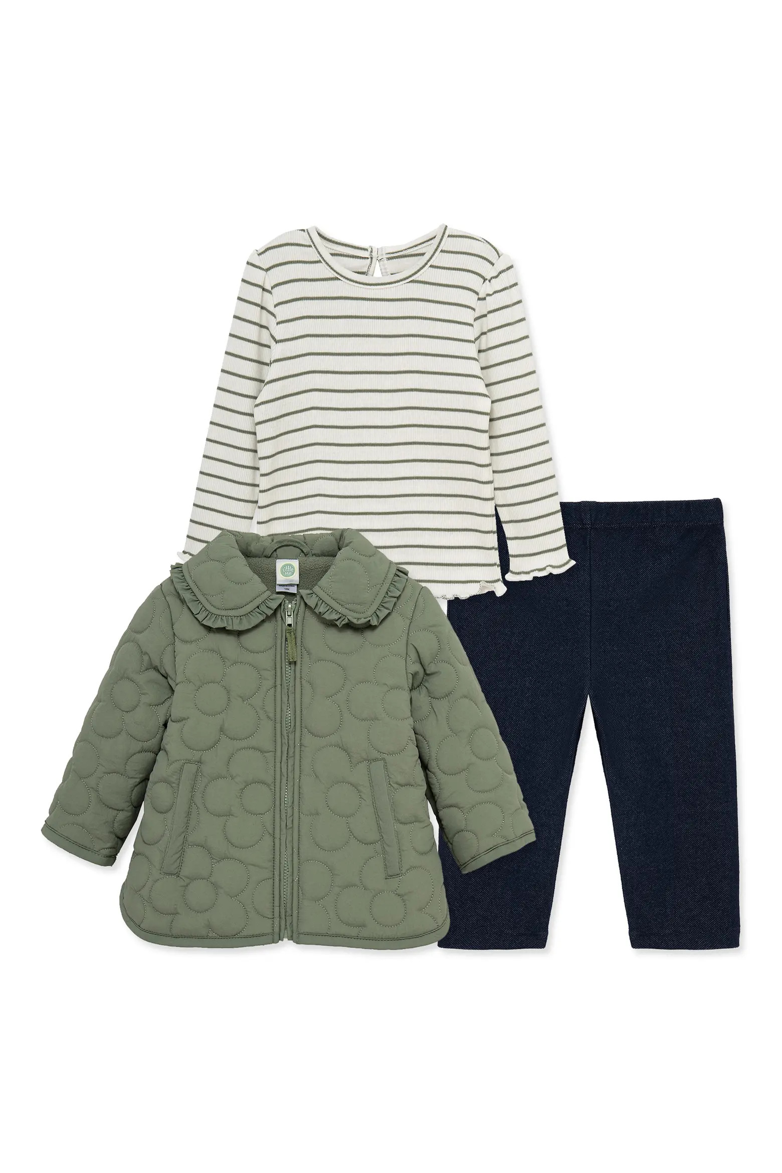 Little Me Set of 3 Stripe Rib Top, Knit Pants & Quilted Daisy Jacket (Women) | Nordstrom | Nordstrom