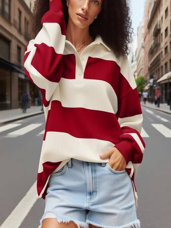 Y2k Women Striped Rugby Polo Shirt Long Sleeve Collared Oversized V Neck Sweatshirt Vintage Jersey Girls Streetwear | SHEIN