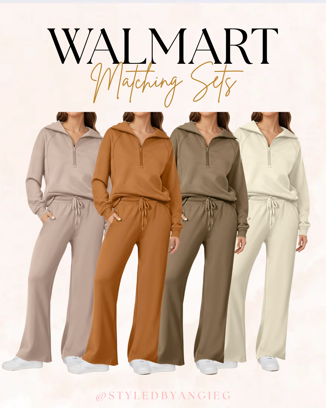 Matching lounge sets from Walmart in the best neutral colors!  Walmart fashion, loungewear sets, two piece outfits, half zip pullover, matching sweatsuit, cozy lounge sets, neutral wardrobe, athleisure wear, comfortable style, drawstring pants, casual outfits, affordable fashion 

 #LTKootd #LTKSeasonal #LTKFindsUnder50