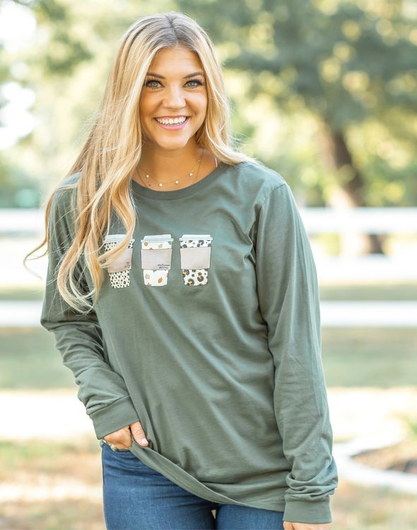 Coffee Cups Long-Sleeve Tee - Military Green | Callie Danielle