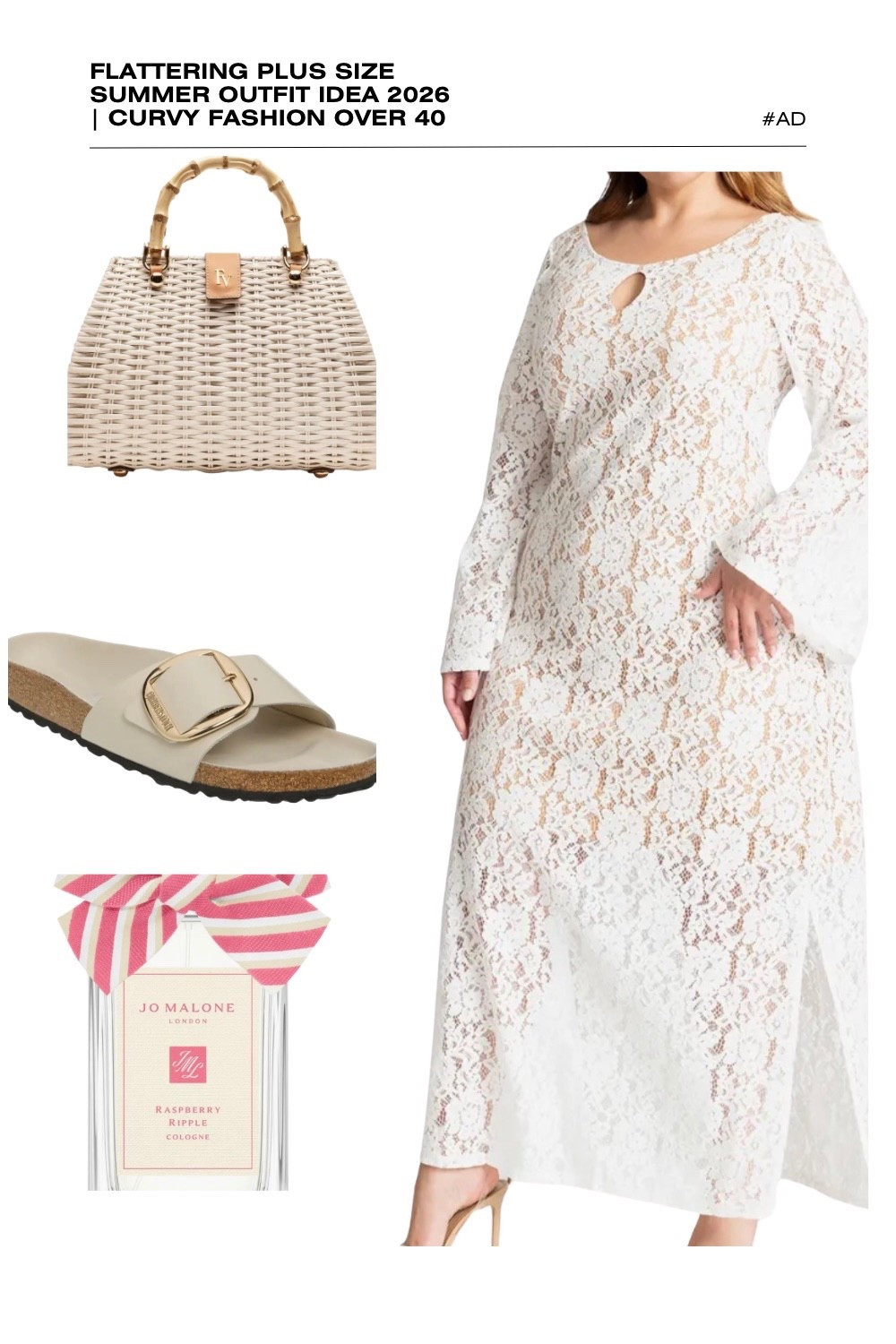 Looking for the perfect white lace plus size summer outfit for 2026? This flattering long-sleeve lace maxi dress is a stunning choice for curvy fashion over 40. Featuring a delicate floral lace overlay, flared bell sleeves, and a chic keyhole neckline, this dress offers a romantic silhouette that’s perfect for a summer bridal shower, garden party, or vacation evening.
We’ve styled this ethereal white dress with a white wicker bamboo handle satchel and comfortable off-white buckle slide sandals for an elevated, tonal look. The ensemble is completed with the sweet, fruity notes of Jo Malone Raspberry Ripple. Whether you're heading to a beach brunch or looking for elegant plus size resort wear, this look is a timeless summer staple. #PlusSizeFashion #WhiteLaceDress #SummerOutfits2026 #JoMalone #CurvyStyle #CoastalGrandmother #BohoLuxe