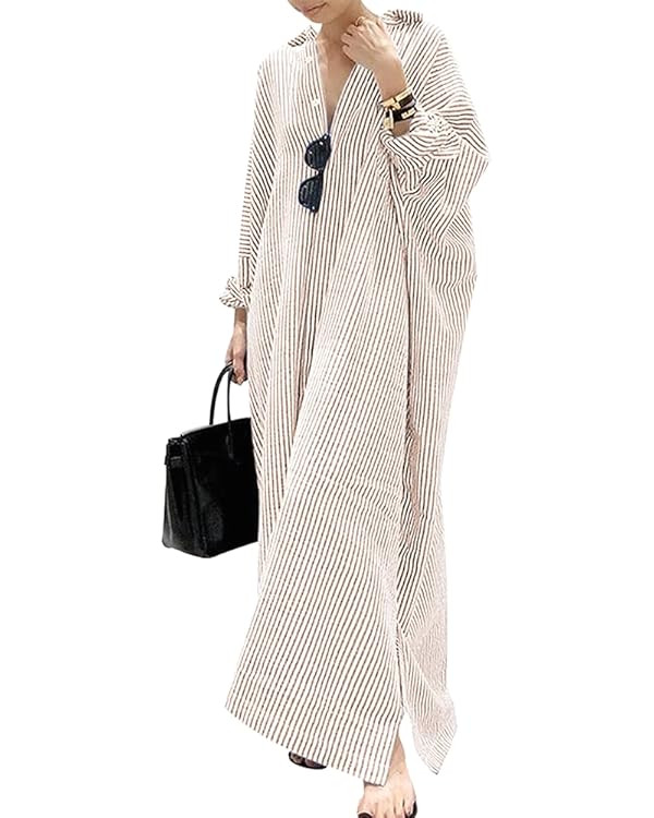 chouyatou Women's Casual Long Sleeve Button Down Loose Striped Cotton Maxi Shirt Dress | Amazon (US)